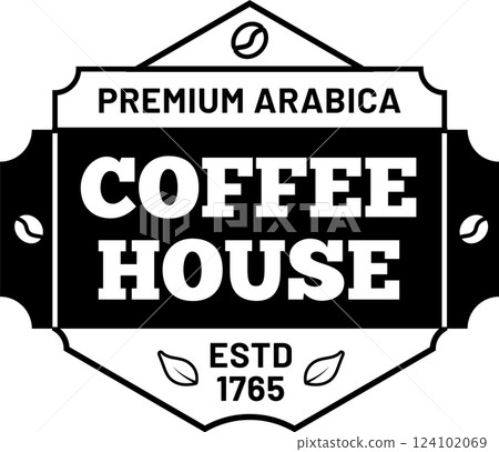 Vintage premium arabica coffee house logo, established in 1765, featuring coffee beans and leaves, conveying tradition, quality, and a passion for coffee Vintage premium arabica coffee house logo, established in 1765, featuring coffee beans and leaves, conveying tradition, quality, and a passion for coffee 124102069
