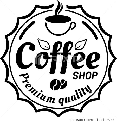 Round black and white logo promoting premium quality coffee shop, featuring a steaming cup of coffee, aromatic coffee beans, and vibrant leaves, embodying the essence of gourmet beverages Round black and white logo promoting premium quality coffee shop, featuring a steaming cup of coffee, aromatic coffee beans, and vibrant leaves, embodying the essence of gourmet beverages 124102072