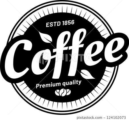 Round black and white logo representing a coffee brand, featuring stylized coffee beans and leaves, along with the text highlighting premium quality established in 1856 124102073