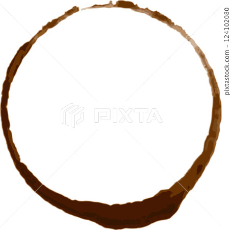Coffee cup stain forming a perfect circular ring on a clean white background, illustrating a typical household or office mess often left behind after enjoying a beverage 124102080