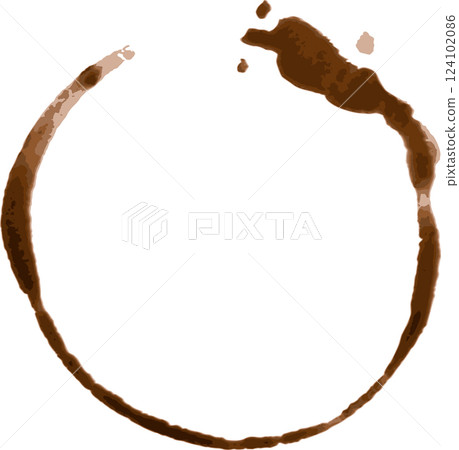Brown coffee cup ring stain with splash marks resting on a white background, creating a simple yet evocative representation of a beverage savored during moments of relaxation 124102086