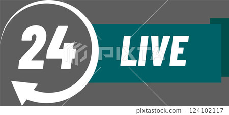 Non stop live streaming is represented by the number 24 inside a rotating arrow and the word live on a green horizontal banner over a gray background Non stop live streaming is represented by the number 24 inside a rotating arrow and the word live on a green horizontal banner over a gray background 124102117