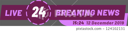 Live breaking news banner in vibrant purple, displaying current time and date, serving as an essential graphic for television broadcasts or online news websites Live breaking news banner in vibrant purple, displaying current time and date, serving as an essential graphic for television broadcasts or online news websites 124102131