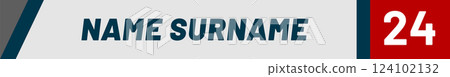 Stylish lower third graphic featuring name and surname on gray background with number twenty four on red background, ideal for video production and broadcasting Stylish lower third graphic featuring name and surname on gray background with number twenty four on red background, ideal for video production and broadcasting 124102132