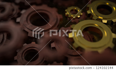 The Gold gear for engineering or team work concept 3d Rendering. 124102144