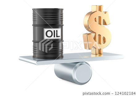 Oil barrel and dollar symbol on balance scale, 3D rendering Oil barrel and dollar symbol on balance scale, 3D rendering 124102184