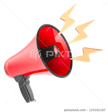 Red Megaphone with Loud Symbols. 3D rendering 124102187