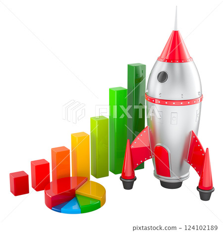 Rocket with growth bar chart and pie chart, 3D rendering 124102189