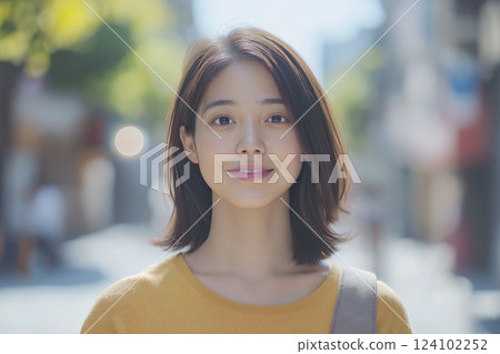 "AI-generated image" of a woman in her 30s looking at the camera 124102252