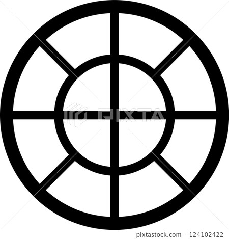 Geometric figure depicting a circle divided into eight equal segments by intersecting lines at the center, embodying concepts of division and abstract design 124102422