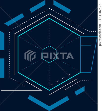 Complex geometric composition featuring a glowing hexagon at the center, surrounded by dotted lines and shapes in contrasting colors, embodying futuristic technology and design Complex geometric composition featuring a glowing hexagon at the center, surrounded by dotted lines and shapes in contrasting colors, embodying futuristic technology and design 124102426