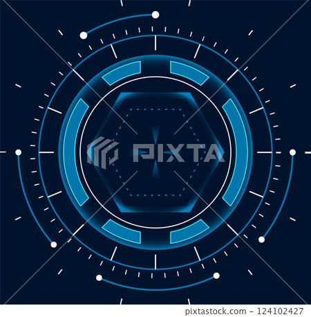 Futuristic glowing blue hexagonal shape at center, surrounded by circular elements, indicators, and geometric patterns, creating a technological and modern design against a dark background Futuristic glowing blue hexagonal shape at center, surrounded by circular elements, indicators, and geometric patterns, creating a technological and modern design against a dark background 124102427