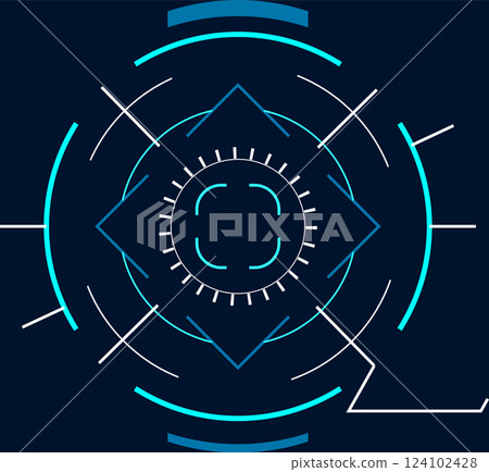 Futuristic head up display - HUD - featuring a targeting system with concentric circles, brackets, and geometric shapes, creating a technological and futuristic atmosphere 124102428