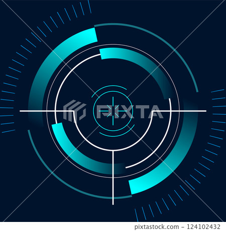 Futuristic glowing blue target focusing and scanning data on dark background, suitable for technology, cybersecurity, virtual reality and internet of things concepts Futuristic glowing blue target focusing and scanning data on dark background, suitable for technology, cybersecurity, virtual reality and internet of things concepts 124102432