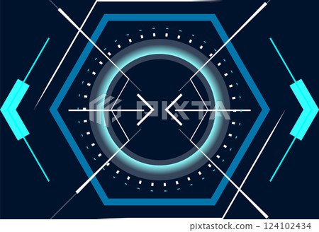 Futuristic glowing blue hexagonal user interface with arrows pointing to the center is ideal for backgrounds, websites, or presentations related to technology, innovation, or virtual reality Futuristic glowing blue hexagonal user interface with arrows pointing to the center is ideal for backgrounds, websites, or presentations related to technology, innovation, or virtual reality 124102434