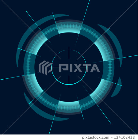 Futuristic glowing blue target focusing and scanning, composed by concentric circles and a crosshair, ideal for technology, cybersecurity and digital innovation 124102438