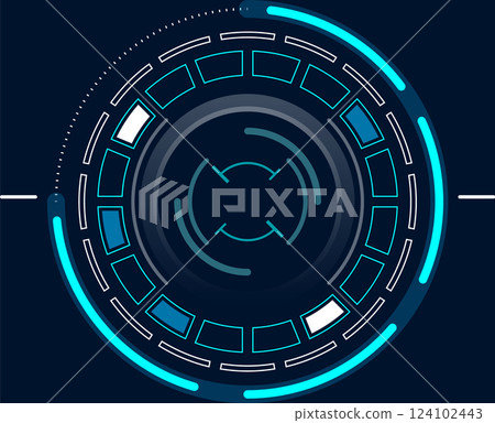 Futuristic glowing blue circular user interface featuring a target symbol and geometric shapes, creating a dynamic visual experience for technology projects Futuristic glowing blue circular user interface featuring a target symbol and geometric shapes, creating a dynamic visual experience for technology projects 124102443
