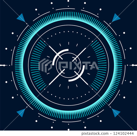 Futuristic glowing blue and white heads up display element with target and indicators radiating from center against dark background, suitable for technology or gaming themes Futuristic glowing blue and white heads up display element with target and indicators radiating from center against dark background, suitable for technology or gaming themes 124102444