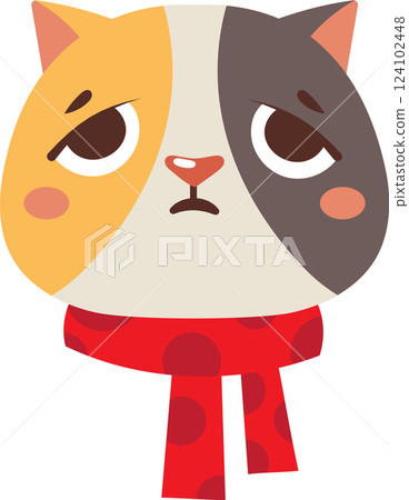 Cartoon illustration featuring a sad cat wearing a red polka dot scarf, gazing downwards with a melancholic expression, set against a clean white background Cartoon illustration featuring a sad cat wearing a red polka dot scarf, gazing downwards with a melancholic expression, set against a clean white background 124102448