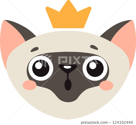 Siamese cat wearing a golden crown, displaying a surprised expression with big eyes and an open mouth, perfect for children s book illustrations or sweet designs Siamese cat wearing a golden crown, displaying a surprised expression with big eyes and an open mouth, perfect for children s book illustrations or sweet designs 124102449