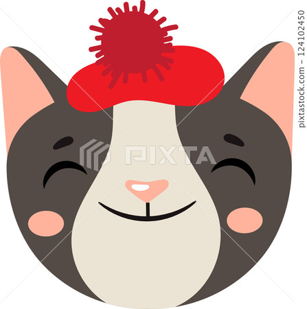 Charming illustration featuring a cute cat wearing a red beret adorned with a fluffy pompom, smiling and winking playfully, radiating joy and friendliness in a delightful design 124102450
