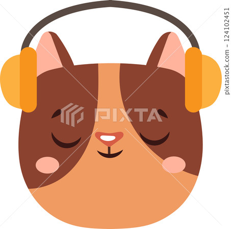 Adorable cartoon cat enjoying music with headphones, creating a cheerful and vibrant image perfect for children s books, apparel, or any project needing a touch of playful charm 124102451