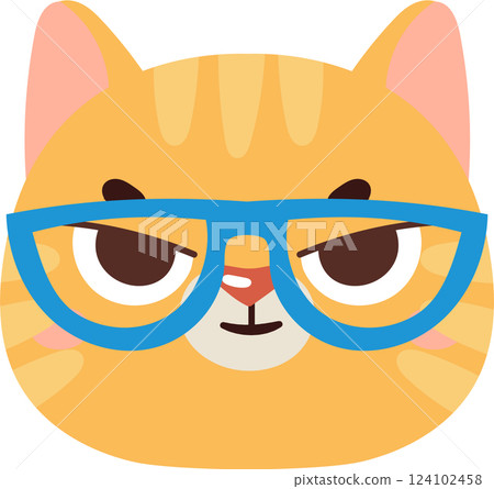 Close up of a grumpy ginger cat wearing blue glasses, showing a skeptical expression, perfect for projects related to pets, humor, and animal expressions 124102458