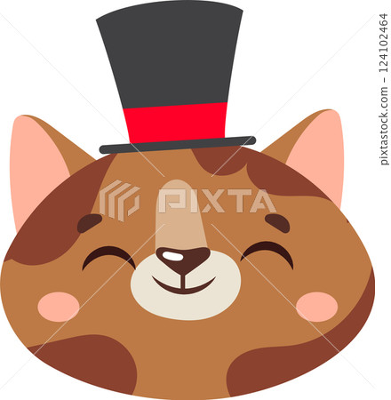 Close up illustration featuring a cute, smiling brown cat donning a magician s top hat, creating a whimsical and playful atmosphere filled with charm and joy 124102464