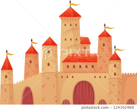Illustration of a majestic medieval castle with red roof, towers, flags waving in the wind, high walls and a large wooden gate, isolated on white background 124102469
