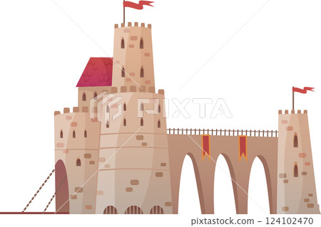 Majestic medieval castle with high towers, red flags, a long bridge and fortified walls, perfect for historical or fantasy projects, evoking a sense of strength, royalty, and ancient battles 124102470