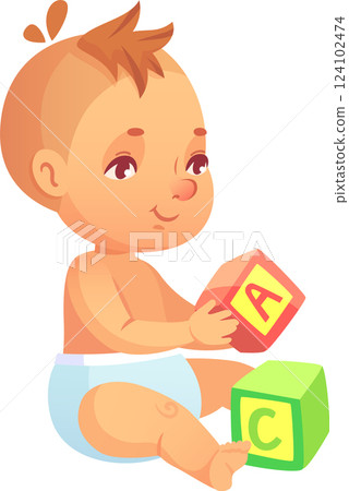 Adorable baby in diaper sitting and playing with colorful alphabet blocks, promoting early childhood education and development through play 124102474