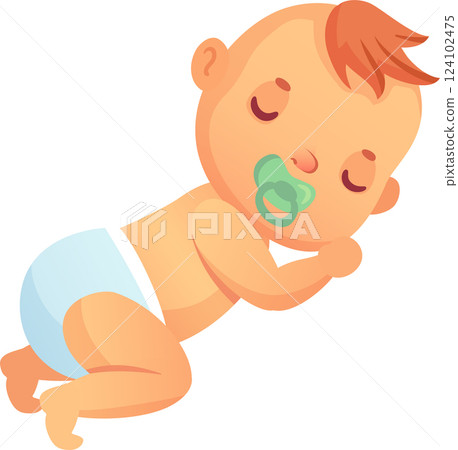Cute baby sleeping peacefully on its stomach, wearing a cozy diaper and a soothing pacifier, embracing a deep and restful slumber filled with innocence and tranquility Cute baby sleeping peacefully on its stomach, wearing a cozy diaper and a soothing pacifier, embracing a deep and restful slumber filled with innocence and tranquility 124102475