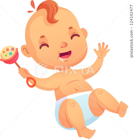 Cute baby wearing a diaper, joyfully holding a rattle and waving, smiling and drooling, isolated on a clean white background, presented in a charming cartoon style 124102477