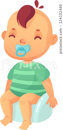 Cute baby wearing striped t shirt sitting on potty training using pacifier, learning to use potty, infant care and hygiene, vector illustration isolated on white background Cute baby wearing striped t shirt sitting on potty training using pacifier, learning to use potty, infant care and hygiene, vector illustration isolated on white background 124102480