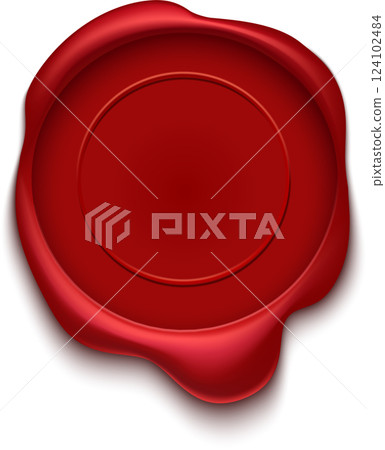 Shiny red wax seal with blank copy space, providing assurance, validation, and official confirmation on documents, contracts, or certificates 124102484