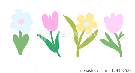 Minimal spring flowers with tulips and daisies in soft colors. Perfect for botanical prints, garden invitations, and Easter design elements 124102525