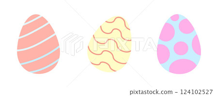 Pastel Easter eggs with stripes, waves, and polka dots. Perfect for spring decorations, holiday crafts, cards, and festive designs Pastel Easter eggs with stripes, waves, and polka dots. Perfect for spring decorations, holiday crafts, cards, and festive designs 124102527