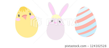 Adorable kawaii chick and bunny eggs in pastel colors. Ideal for kids Easter crafts, spring greeting cards, and fun holiday decorations 124102528
