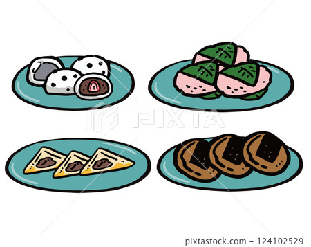 盤子裡盛裝的各種日式甜點的手繪插圖集 3 124102529