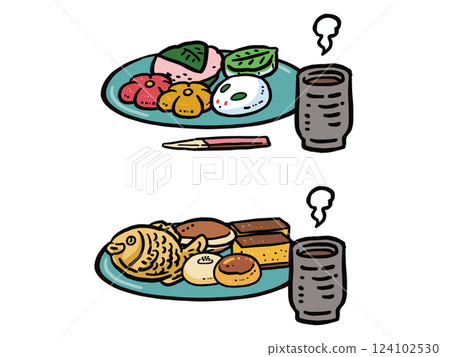 A set of hand-drawn illustrations of various Japanese sweets and tea served on a plate 124102530