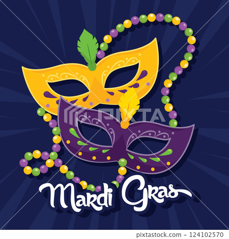 Two Mardi Gras masks with colorful beads on dark Vector 124102570
