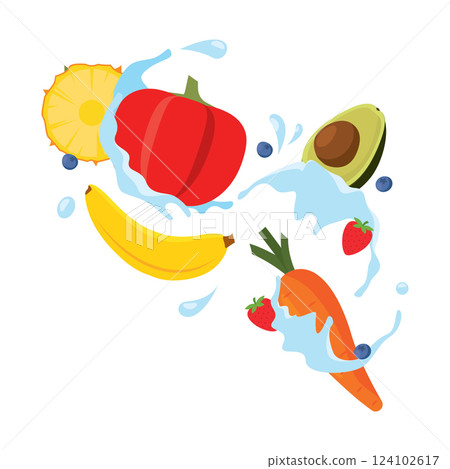 Colorful splash with banana, pepper and tropical fruits Vector 124102617