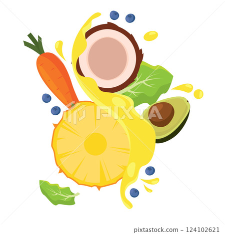 Pineapple and coconut splash with avocado and berries Vector 124102621