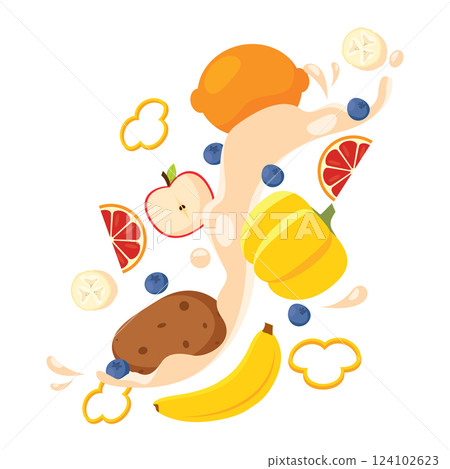 Banana and apple splash with blueberries and citrus Vector Banana and apple splash with blueberries and citrus Vector 124102623