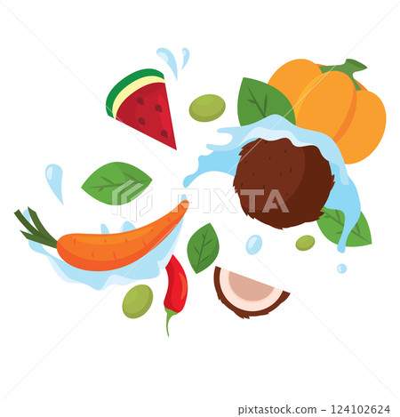 Coconut splash with pumpkin, carrot and watermelon Vector Coconut splash with pumpkin, carrot and watermelon Vector 124102624