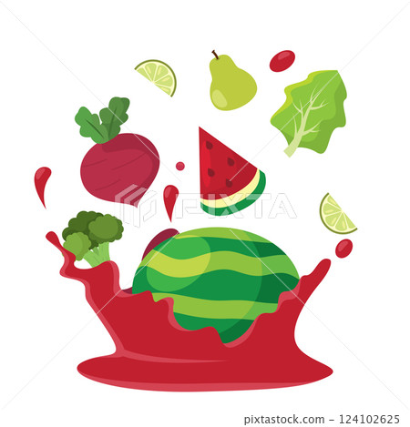 Watermelon splash with beet, pear and leafy greens Vector Watermelon splash with beet, pear and leafy greens Vector 124102625