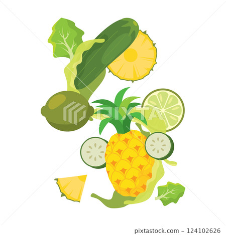 Green fruits and pineapple splash with cucumber slices Vector Green fruits and pineapple splash with cucumber slices Vector 124102626