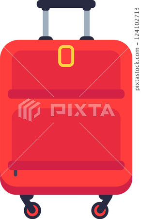 Red rolling suitcase featuring an extending handle and smooth wheels, representing the essence of vacation travel and tourism, isolated against a crisp white background 124102713
