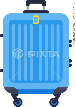 Light blue rolling suitcase featuring a dark handle and wheels, designed for traveling and business trips, isolated against a clean white background for a modern, stylish look Light blue rolling suitcase featuring a dark handle and wheels, designed for traveling and business trips, isolated against a clean white background for a modern, stylish look 124102716