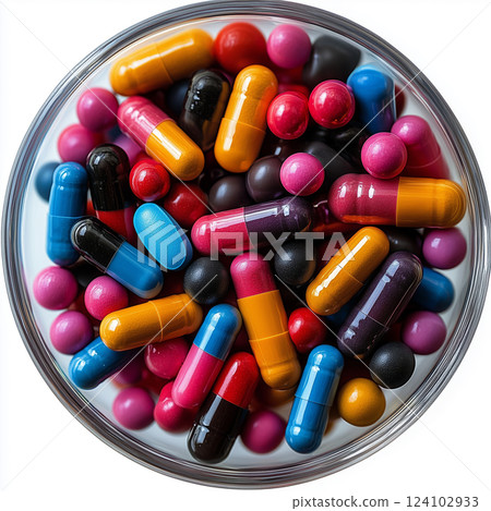 Colorful pills and capsules in a transparent container, isolated on white background.  124102933